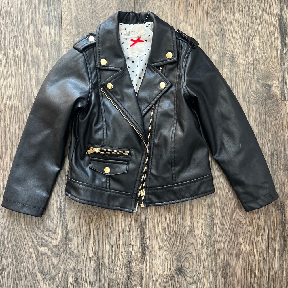 H&M Black Faux Leather Girls' Biker Jacket with Gold Hardware